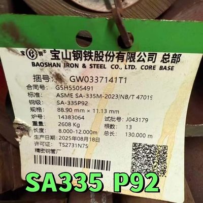 उच्च तापमान सेवा के लिए ठंडा खींचा ASME A335 P92 निर्बाध फेरीटिक मिश्र धातु स्टील पाइप 89 * 11.13 मिमी