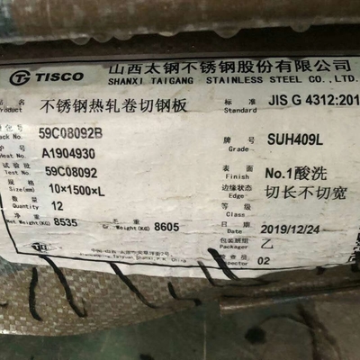 SUH409L स्टेनलेस स्टील प्लेट 1D समाप्त 3-10 मिमी हॉट रोल्ड स्टेनलेस स्टील 409L प्लेट्स